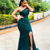 One Shoulder Bridesmaid Dresses Dark Green - Thumbnail 1