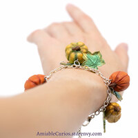 Pumpkin Charm Bracelet, polymer clay, autumn, fall, leaf, yellow, orange, green. unique, handmade, sparkle, chain, ooak - Thumbnail 6