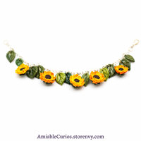 Sunflower Charm Bracelet, polymer clay, summer, leaf, yellow, unique, handmade, sunny, chain, ooak - Thumbnail 1