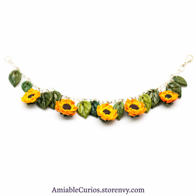 Sunflower charm bracelet, polymer clay, summer, leaf, yellow, unique, handmade, sunny, chain, ooak
