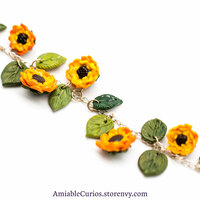 Sunflower Charm Bracelet, polymer clay, summer, leaf, yellow, unique, handmade, sunny, chain, ooak - Thumbnail 4