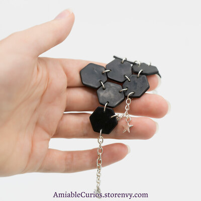 Heat tile bracelet, spacex starship inspired, black, hexagon, polymer clay, abstract design, tiled, unique, ooak, chain, cosmic, space, spaceship