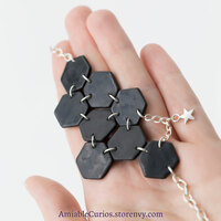 Heat Tile Bracelet, SpaceX Starship Inspired, black, hexagon, polymer clay, abstract design, tiled, unique, ooak, chain, cosmic, space, spaceship - Thumbnail 5
