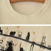 Preppy style cartoon cat embroidered round neck long-sleeved sweatshirt - Thumbnail 1