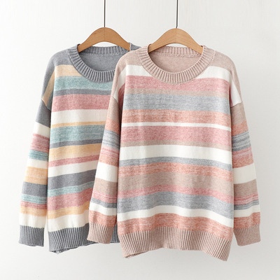 Loose round neck colorful striped long sleeve sweater