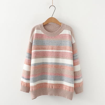 Loose round neck colorful striped long sleeve sweater