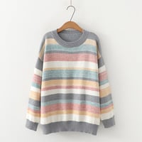 Loose round neck colorful striped long sleeve sweater - Thumbnail 2
