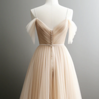 A Line Off Shoulder Champagne Tulle Long Prom Dress, Champagne Long Evening Dress KPP1677 - Thumbnail 1