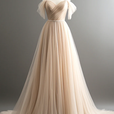 A line off shoulder champagne tulle long prom dress, champagne long evening dress kpp1677