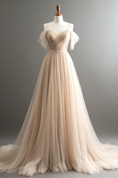 A Line Off Shoulder Champagne Tulle Long Prom Dress, Champagne Long Evening Dress KPP1677