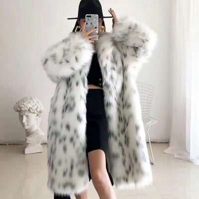 Bobcat leopard print women's faux fur hooded coat  