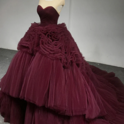 Burgundy round neck tulle burgundy long prom gown, burgundy long evening dress kpp1678