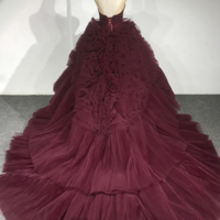 Burgundy Round Neck Tulle Burgundy Long Prom Gown, Burgundy Long Evening Dress KPP1678 - Thumbnail 1
