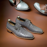 Men's Buckle Shoes Grey Crocodile Textured Leather Single Monk Stylish Buckle Dress & Formal Wear Shoes - Thumbnail 1