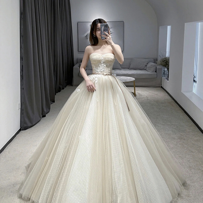 Champagne strapless tulle lace floor length prom dress - Thumbnail 1