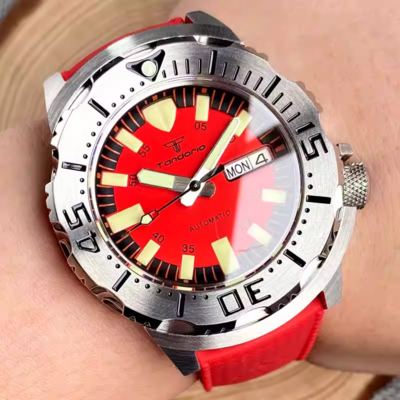 Tandorio mens diving watches 42mm red dial nh36a movt 20bar green luminous causal business automatic mechanical wristwatch t901