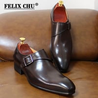   Pointed toe single buckle business casual men's genuine leather formal shoes 2 colors - Thumbnail 1