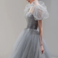 Gray Tulle Floor Length A Line Prom Dress, Lovely Puff Sleeve Evening Party Dress KPP1680 - Thumbnail 3