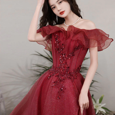 A line off shoulder tulle sequin lace burgundy long prom dress, burgundy long formal dress kpp1681