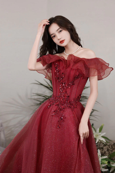 A Line Off Shoulder Tulle Sequin Lace Burgundy Long Prom Dress, Burgundy Long Formal Dress KPP1681