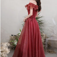 A Line Off Shoulder Tulle Sequin Lace Burgundy Long Prom Dress, Burgundy Long Formal Dress KPP1681 - Thumbnail 2
