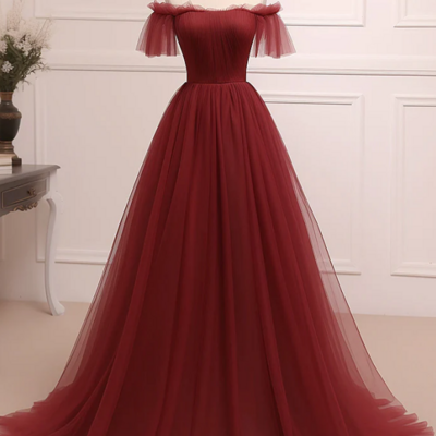 A line burgundy tulle long prom dress, burgundy long evening dress kpp1682
