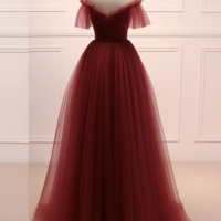 A Line Burgundy Tulle Long Prom Dress, Burgundy Long Evening Dress KPP1682 - Thumbnail 1