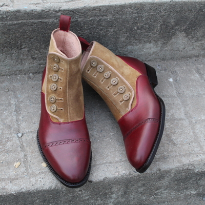 Crafted leather men brown suede and red leather button ankle high dress boot - Thumbnail 4