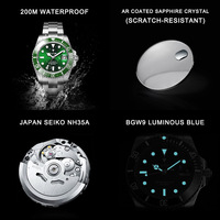 Cadisen submariner green dial Mens watches Japanese NH35A automatic mechanical BGW9 luminous 20BAR business wristwatch C8216 - Thumbnail 3