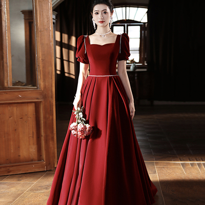 Burgundy velvet floor length prom dress, a-line short sleeve evening dress - Thumbnail 1