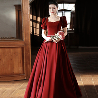Burgundy Velvet Floor Length Prom Dress, A-Line Short Sleeve Evening Dress - Thumbnail 1