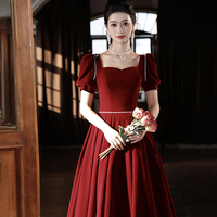 Burgundy Velvet Floor Length Prom Dress, A-Line Short Sleeve Evening Dress - Thumbnail 4