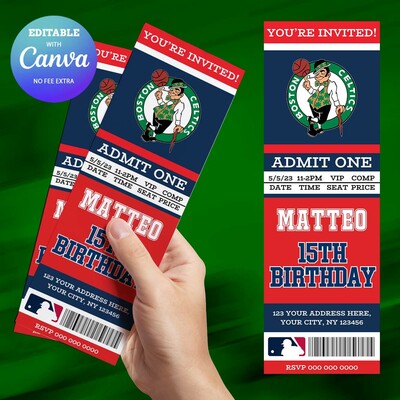 Boston birthday ticket invitation canva editable and printable