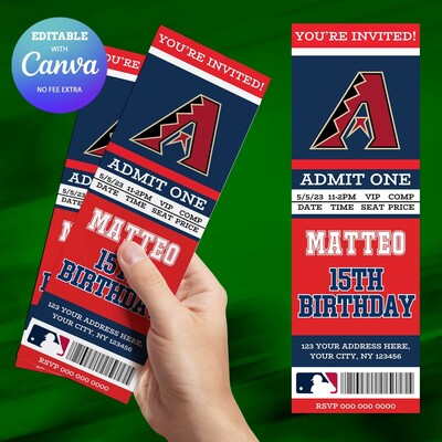 Arizona diamondbacks birthday ticket invitation canva editable and printable
