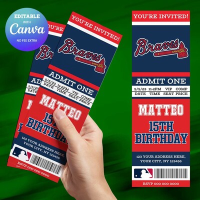 Atlanta braves birthday ticket invitation canva editable and printable
