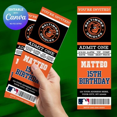 Baltimore orioles birthday ticket invitation canva editable and printable