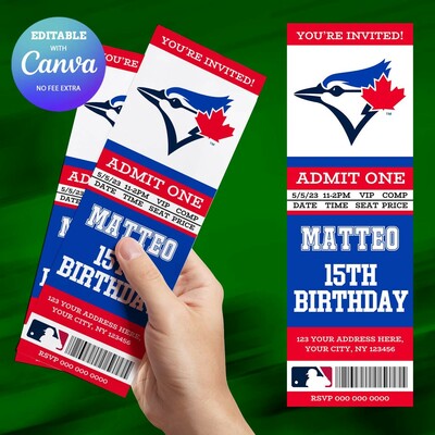 Toronto blue jays birthday ticket invitation canva editable and printable