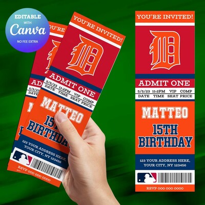 Detroit tigers birthday ticket invitation canva editable and printable