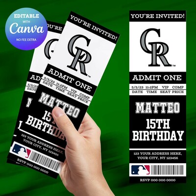 Colorado rockies birthday ticket invitation canva editable and printable