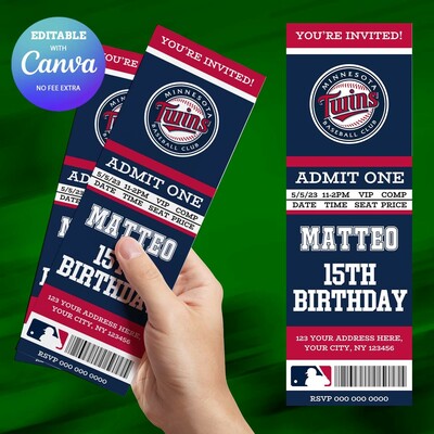 Minnesota twins birthday ticket invitation canva editable and printable