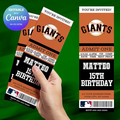San francisco giants birthday ticket invitation canva editable and printable