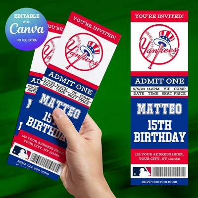 New york yankees birthday ticket invitation canva editable and printable