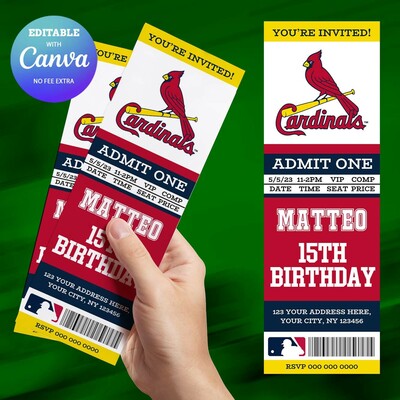 St. louis cardinals birthday ticket invitation canva editable and printable