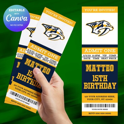 Nashville Predators Birthday Invitation, Hockey Nashville Predators Team Birthday Invitation Canva Editable
