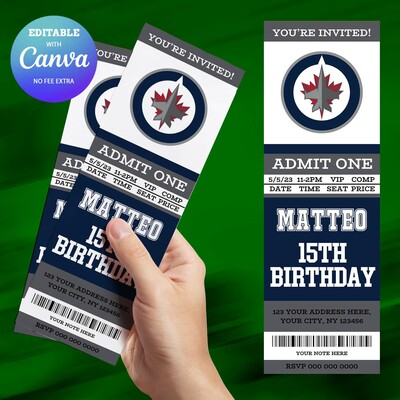 Winnipeg jets birthday invitation, hockey winnipeg jets team birthday invitation canva editable