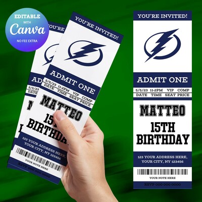 Tampa bay lightning birthday invitation, hockey birthday invitation canva editable
