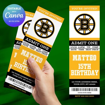 Boston bruins birthday invitation, hockey birthday invitation canva editable