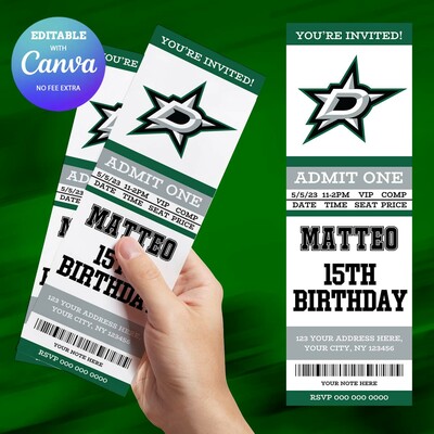 Dallas stars birthday invitation, hockey birthday invitation canva editable