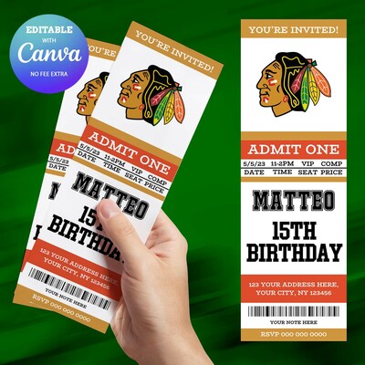 Chicago blackhawks birthday invitation, hockey birthday invitation canva editable