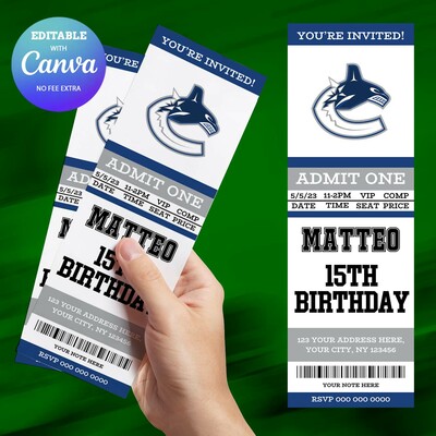 Vancouver canucks birthday invitation, hockey birthday invitation canva editable